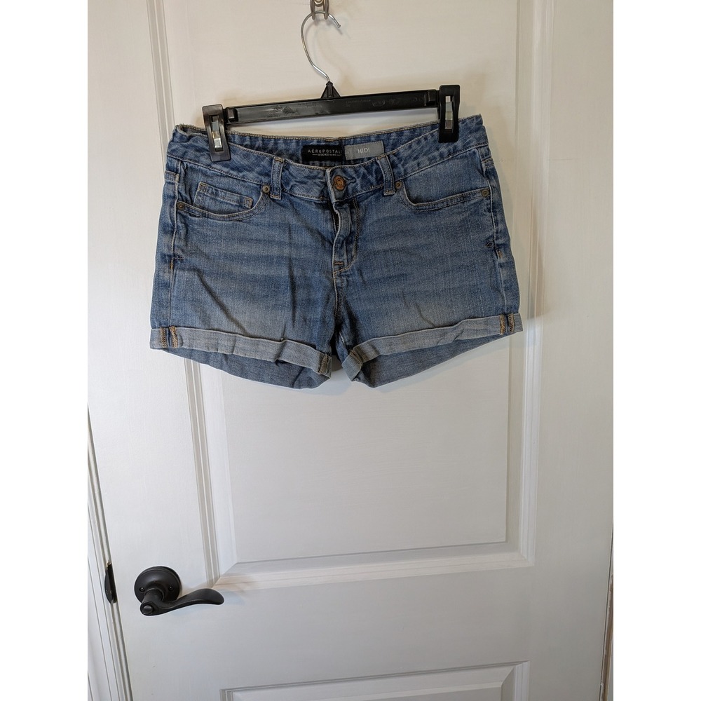 Aeropostale Womens Midi Denim Shorts Medium Wash Cuffed Size 10 RN121726
